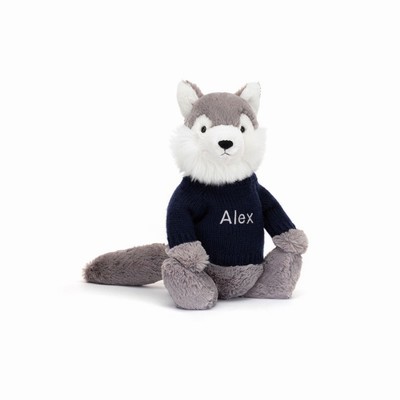 Jellycat Bashful Wolf with Navy Jumper USA | 73028XEOQ